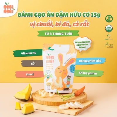 BÁNH GẠO ĂN DẶM HỮU CƠ CHO BÉ NOBI NOBI VỊ CHUỐI, BÍ ĐỎ, CÀ RỐT 15G