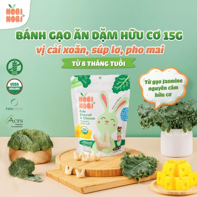 BÁNH GẠO ĂN DẶM HỮU CƠ CHO BÉ NOBI NOBI VỊ CẢI XOĂN, SÚP LƠ, PHÔ MAI 15G